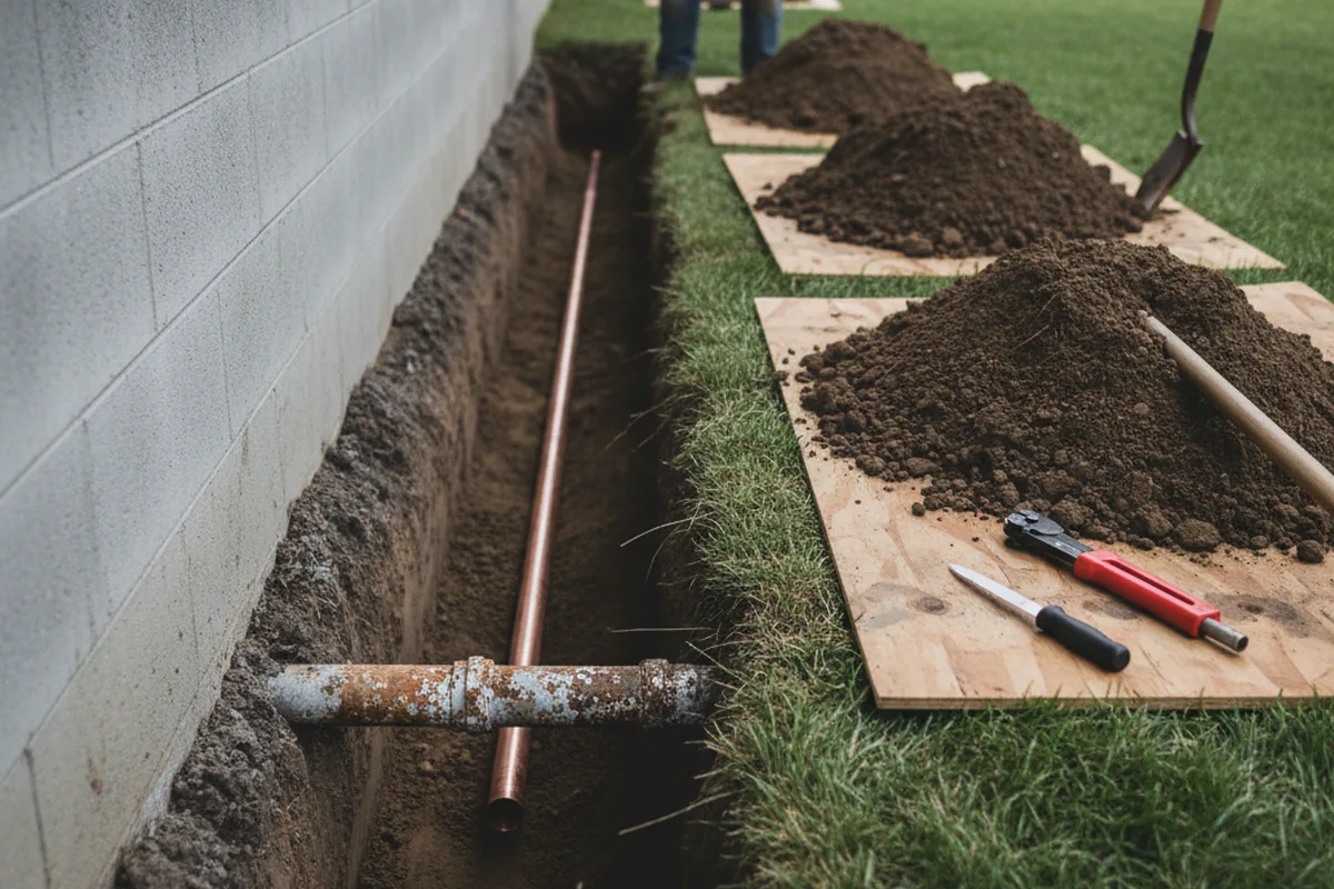 Excavated water line trench during Water Softener Installation in Ernest